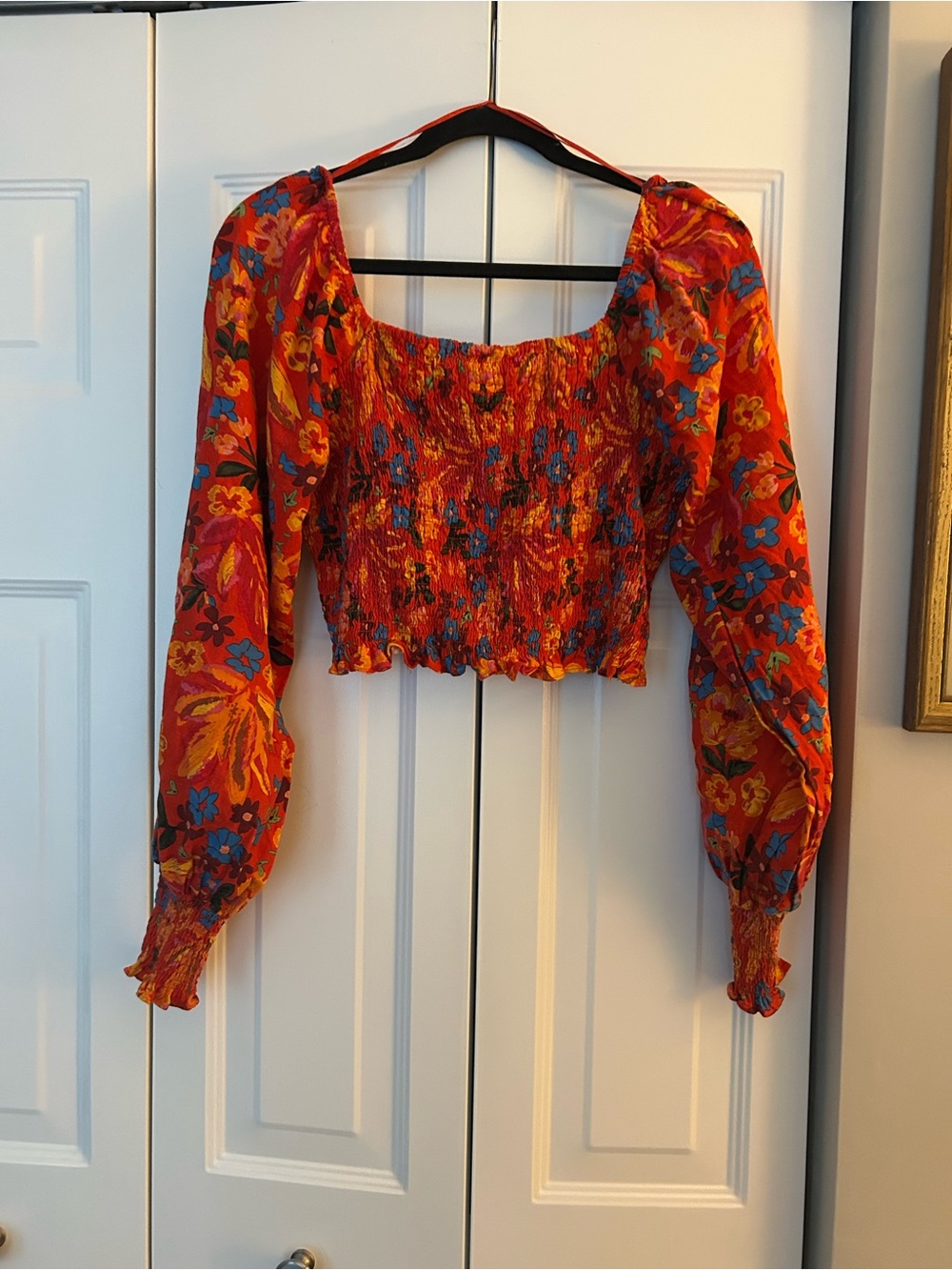 Maison d’Amelie Women’s Sz L Linen Blend Red Blue Orange Boho Smocked Crop Top